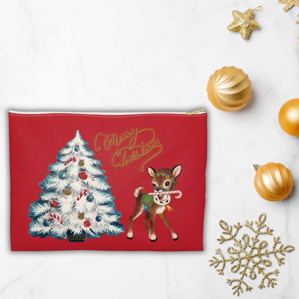 Merry Christmas Reindeer Tree Red Retro Christmas Print Polyester Accessory Pouch Travel Bag