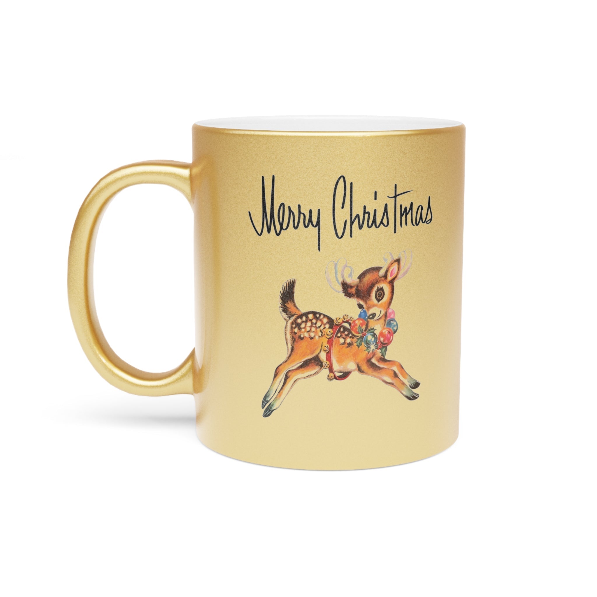 Merry Christmas Mid Century Retro Reindeer Print Gold Metallic Mug