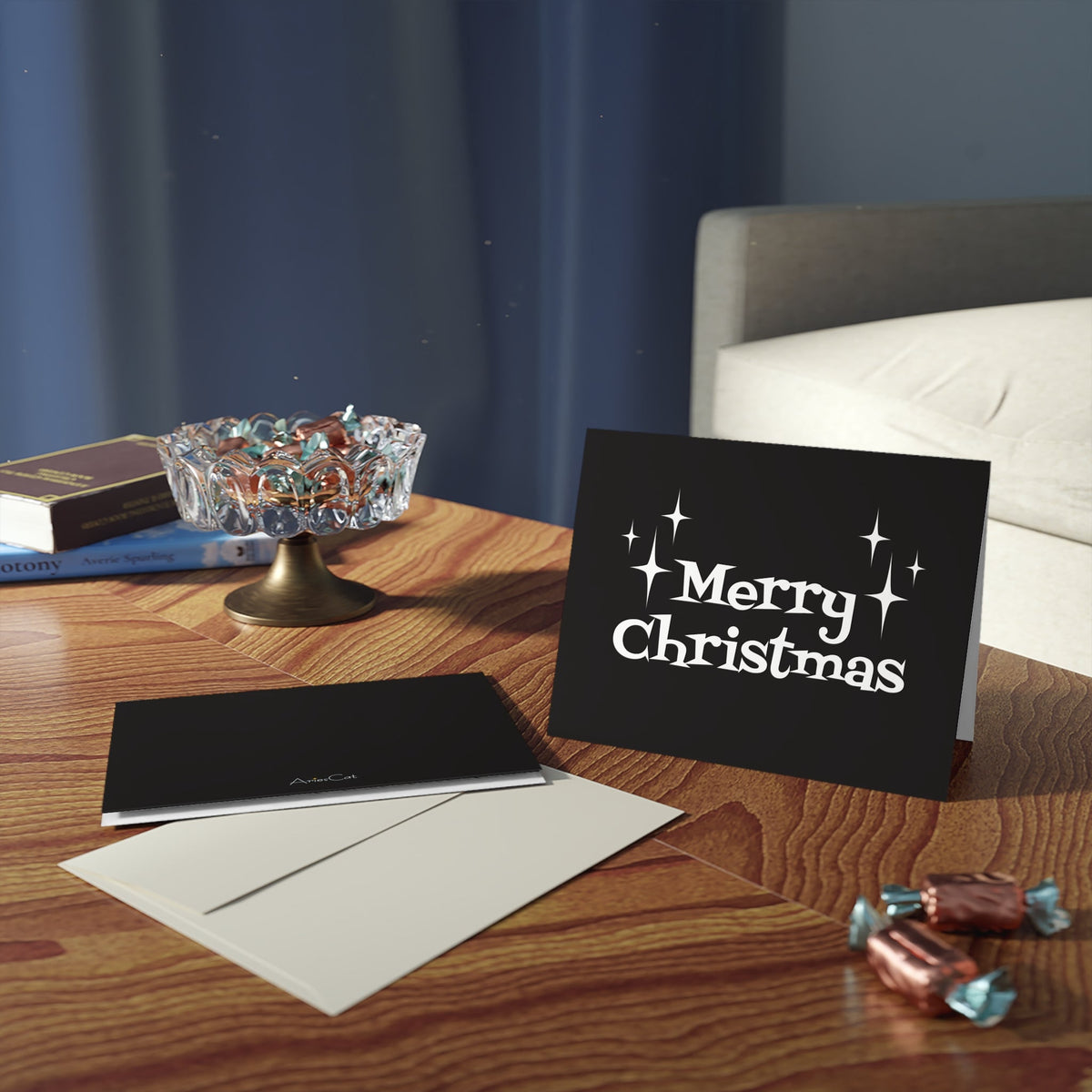 Merry Christmas Starburst Atomic Mid Century Retro Christmas Style Black And White Matte Greeting Cards (8, 16, and 24 pcs)