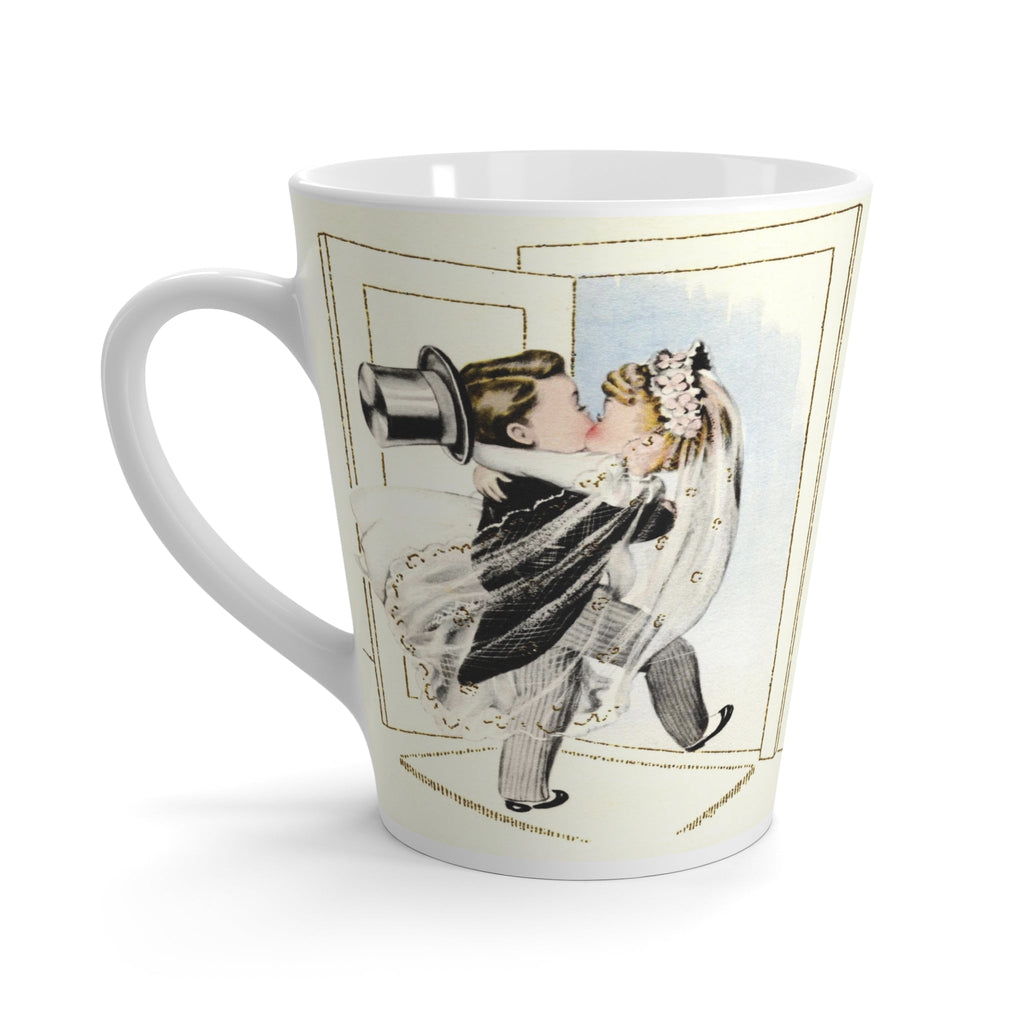 Embrace Midcentury Romance: Bride and Groom Crossing Threshold Latte Mug