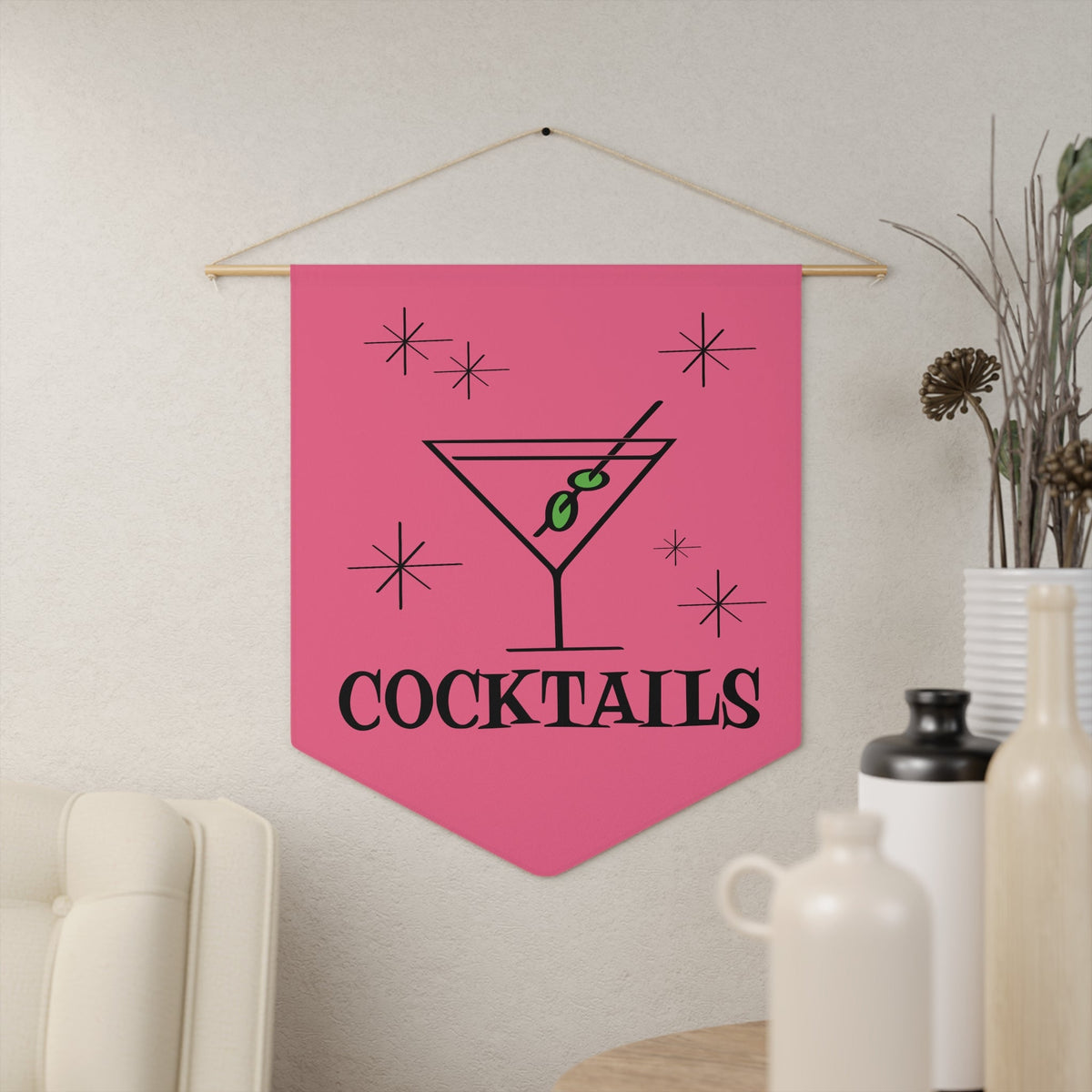 Martini Cocktails Mid Century Retro Style Pink Wall Hanging Banner Flag