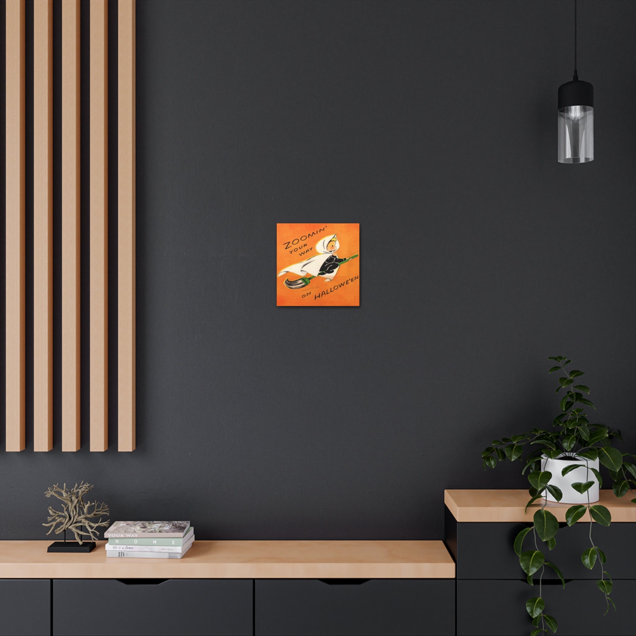 Zoomin' Your Way On Halloween Orange Witch On Broom Retro Halloween Decor Print Canvas Gallery Wrap