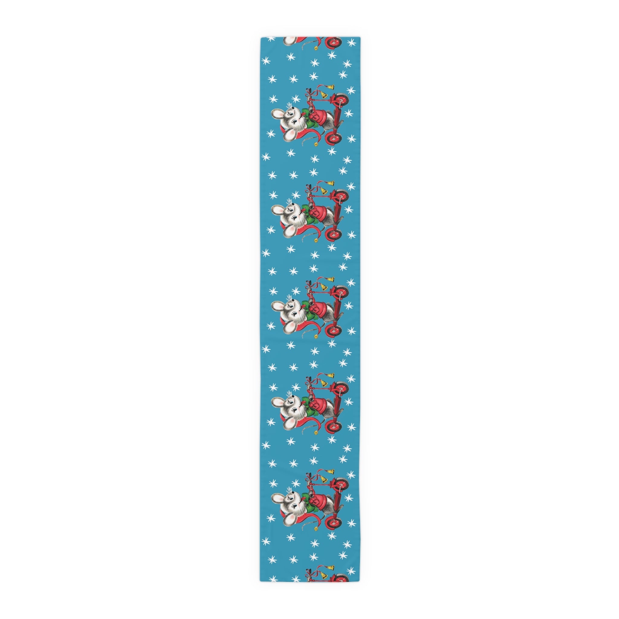 Christmas Mouse On Scooter Blue Mid Century Retro Christmas Print Home Decor Cotton Poly Table Runner