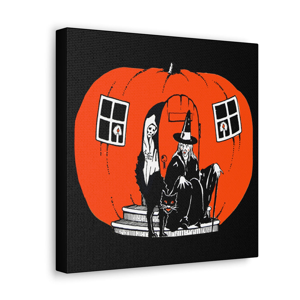 Pumpkin House Witch Black Cat Retro Halloween Decor Print Canvas Gallery Wrap