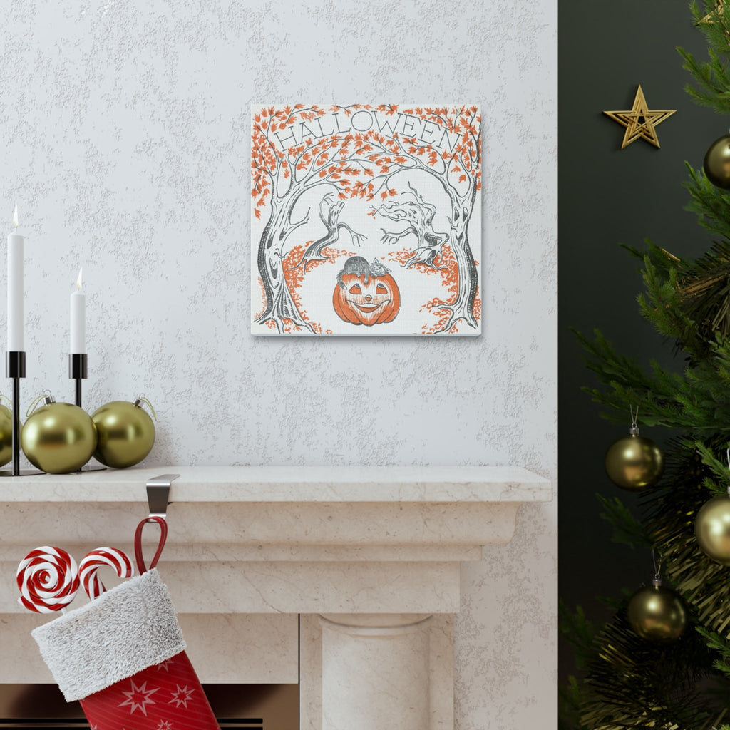 Halloween Trees Black Cat Jack O Lantern Retro Halloween Decor Print Canvas Gallery Wrap