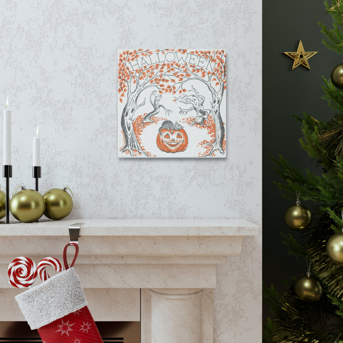 Halloween Trees Black Cat Jack O Lantern Retro Halloween Decor Print Canvas Gallery Wrap
