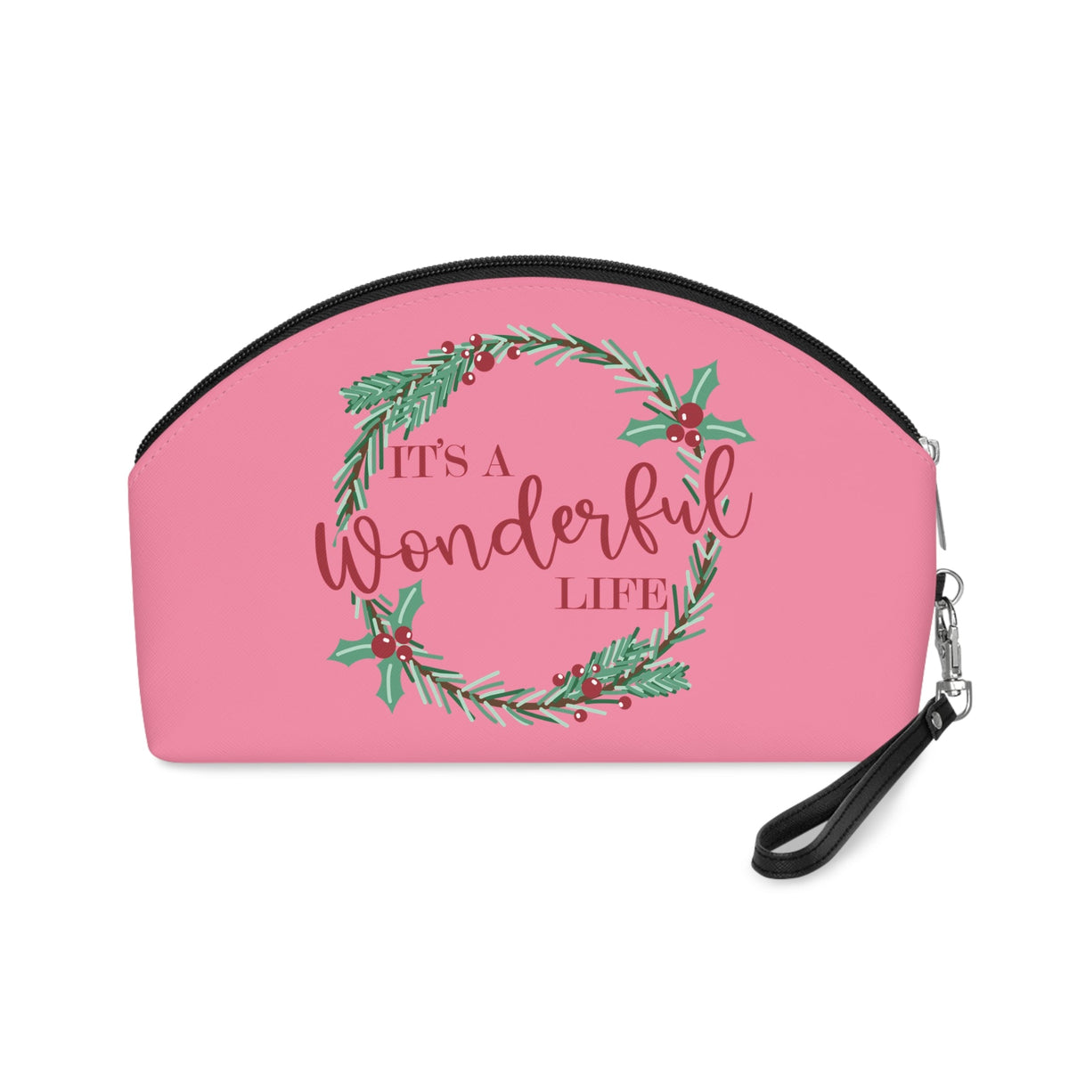 It's A Wonderful Life Christmas Wreath Pink Makeup Bag