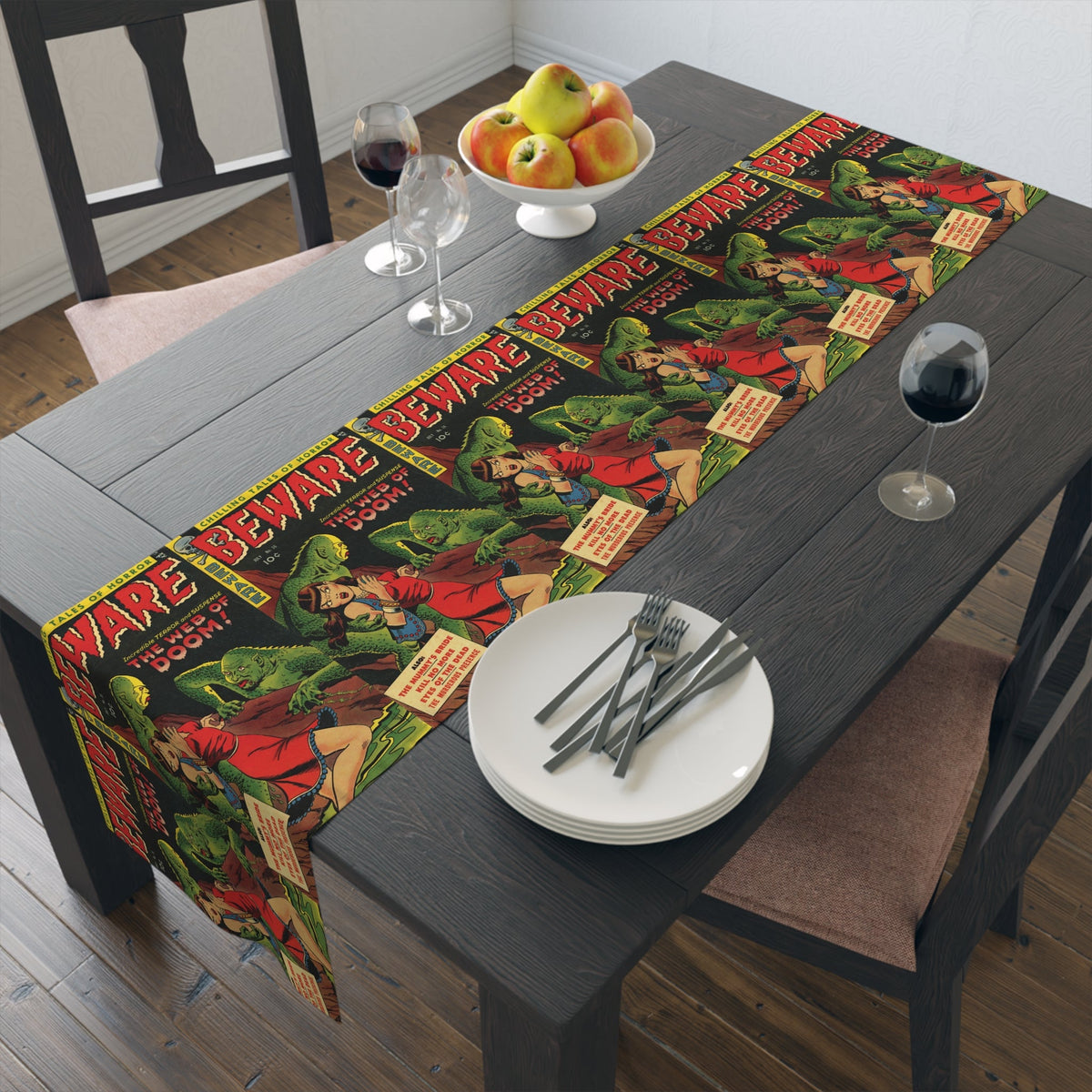 Beware The Web Of Doom Vintage Horror Gothic Comic Book Cover Retro Halloween Print Cotton Poly Decor Table Runner