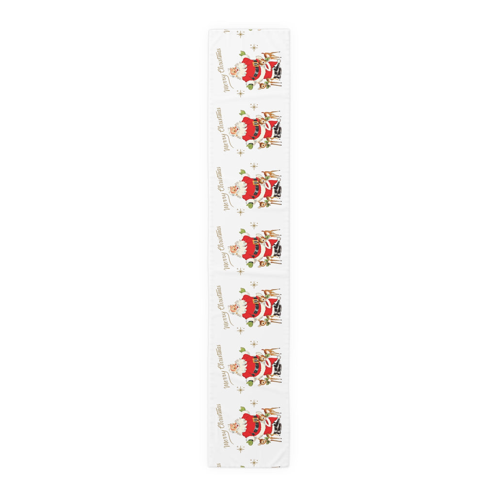 Merry Christmas Santa Reindeer Gold Stars Retro Christmas Table Runner