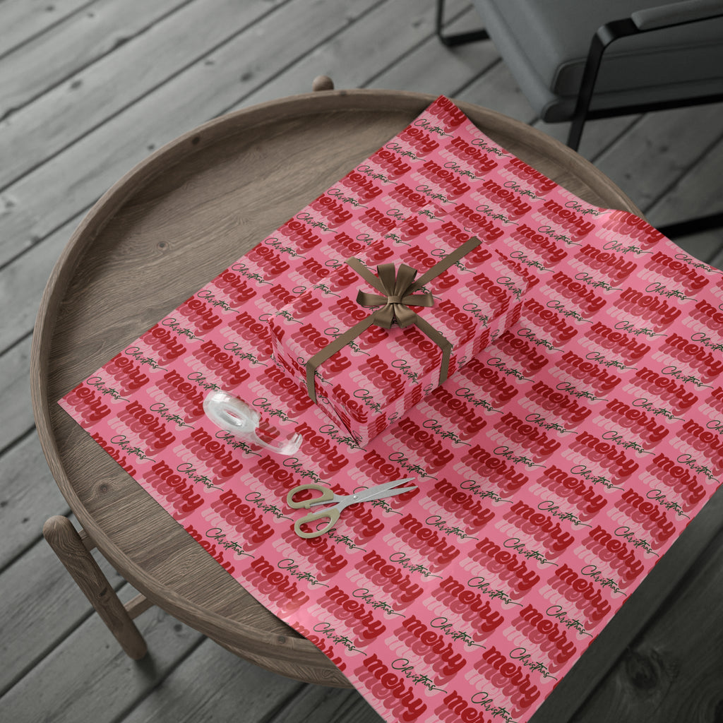 Merry Merry Merry Christmas Pink Retro Style Christmas Print Holiday Gift Wrap Paper - Glossy Or Matte