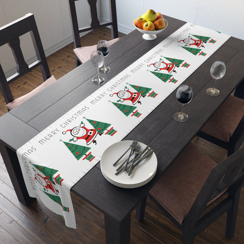 Merry Christmas Santa Christmas Trees Mid Century Retro Style Christmas Decor Red Cotton Poly Table Runner