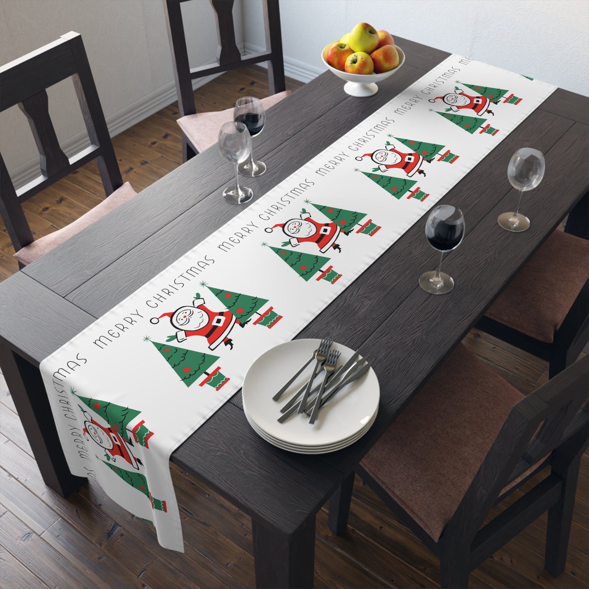 Merry Christmas Santa Christmas Trees Mid Century Retro Style Christmas Decor Red Cotton Poly Table Runner