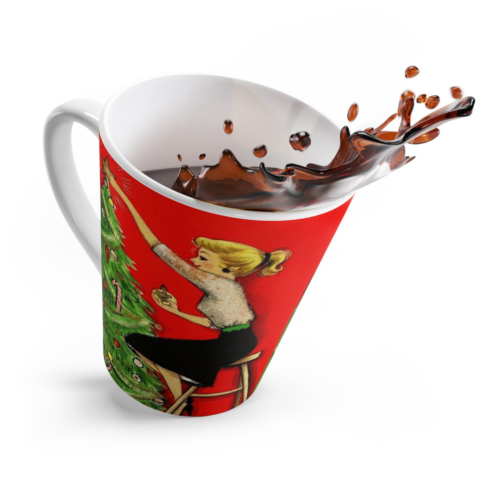 Lady Decorating Christmas Tree Mid Century Retro Christmas Print Latte Coffee Mug