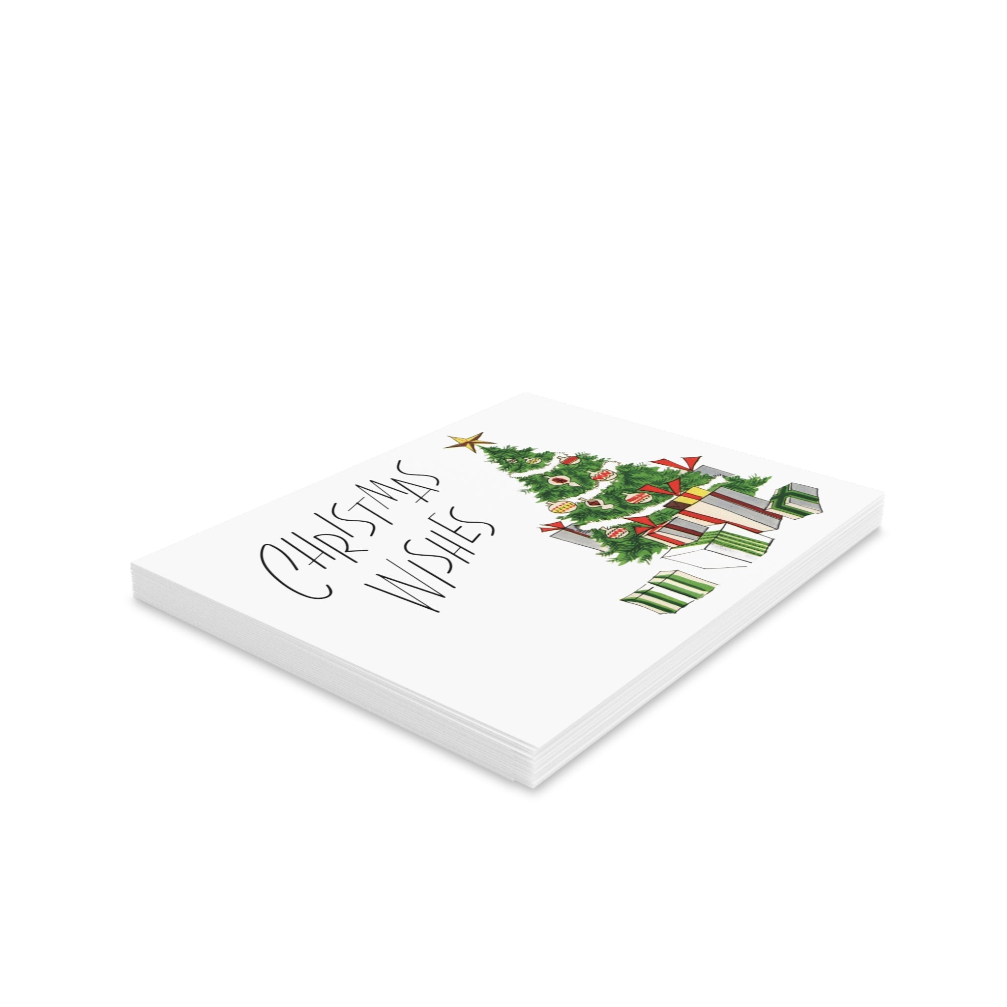 Christmas Wishes Tree With Presents Mid Century Retro Christmas Print Matte Greeting Cards (8, 16, and 24 pcs)