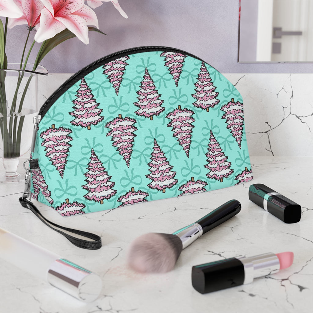 Pink Christmas Trees Bows Teal Christmas Cosmetic Travel Makeup Bag