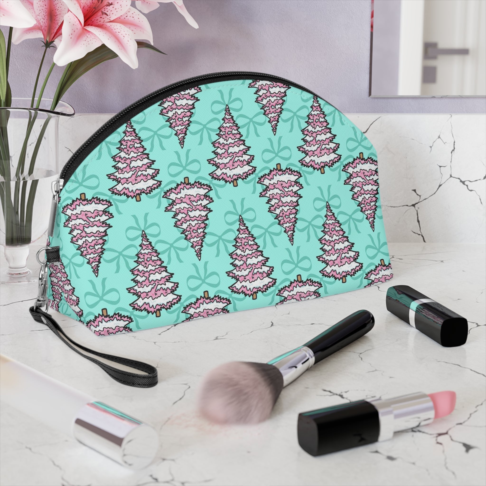 Pink Christmas Trees Bows Teal Christmas Cosmetic Travel Makeup Bag