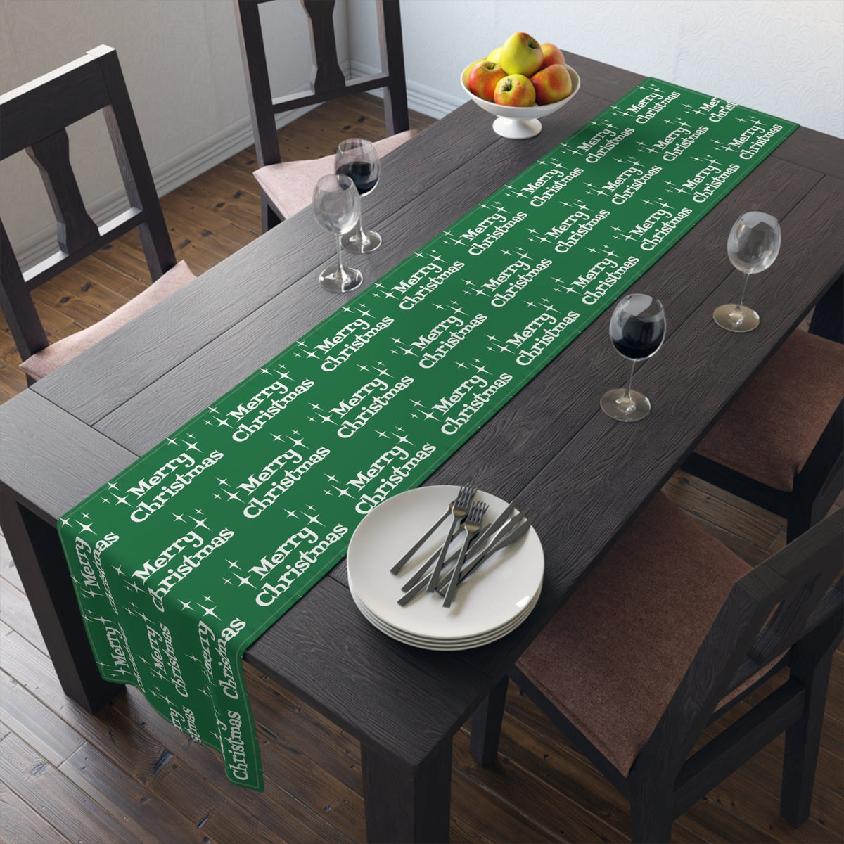 Merry Christmas Starburst Atomic Mid Century Retro Style Christmas Decor Green Cotton Poly Table Runner