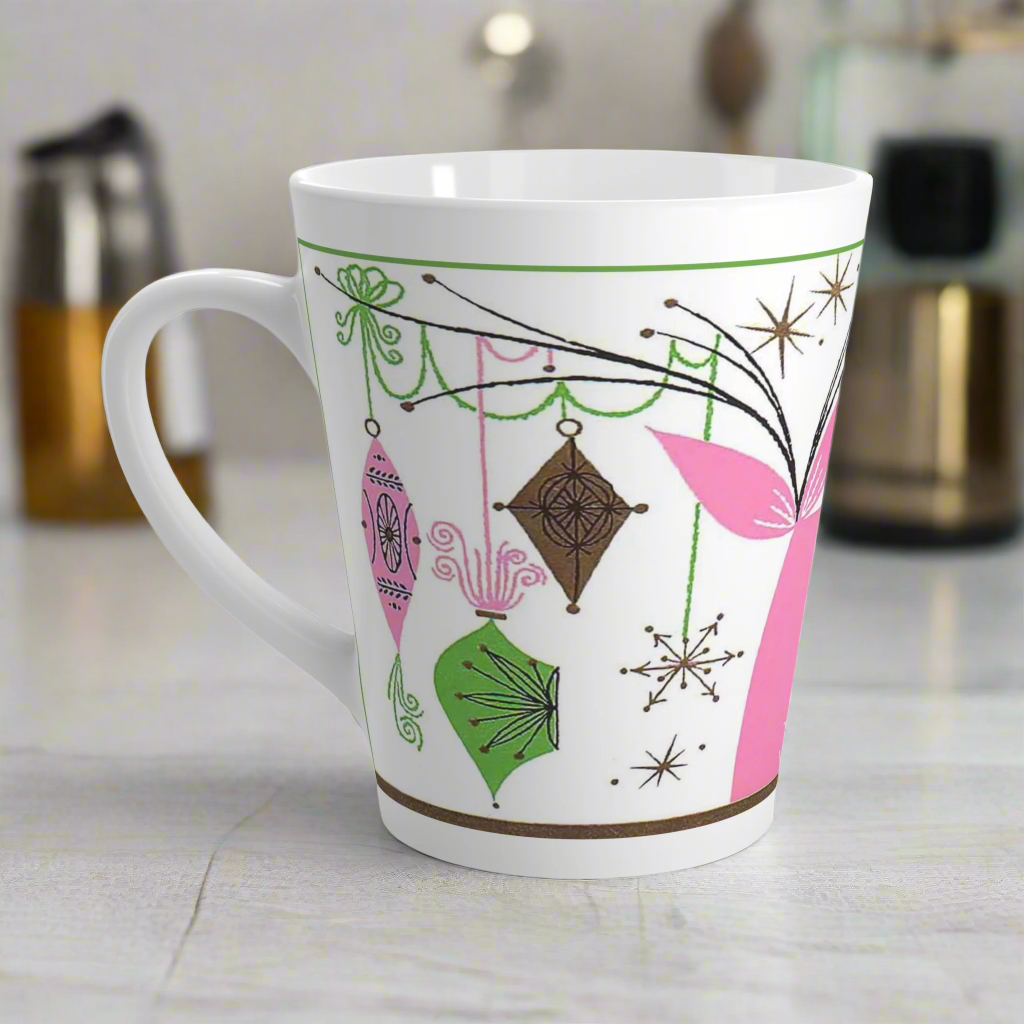 Pink Reindeer With Ornaments Mid Century Retro Christmas Print Latte Coffee Mug