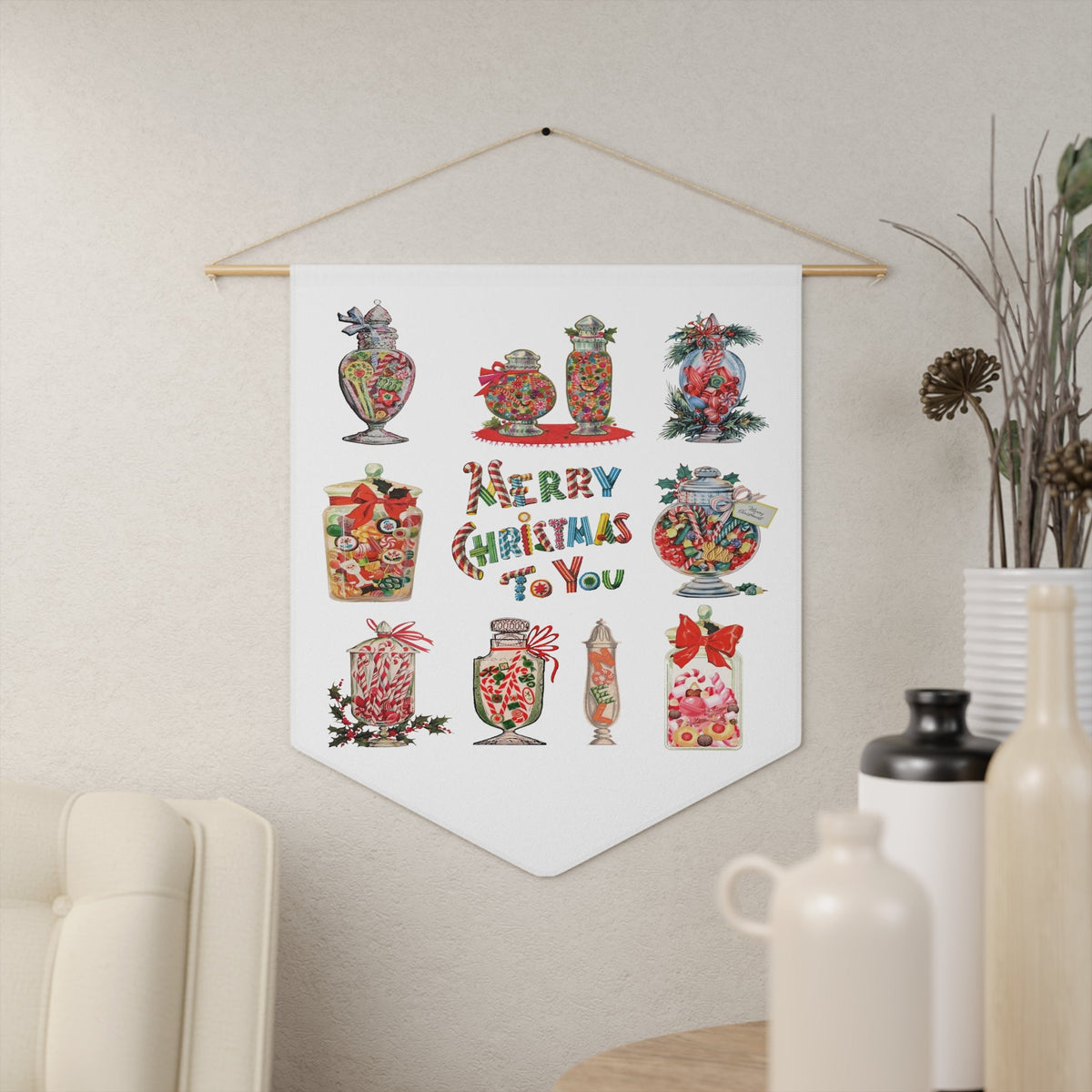 Merry Christmas To You Candy Retro Mid Century Christmas Print Wall Hanging Banner Flag