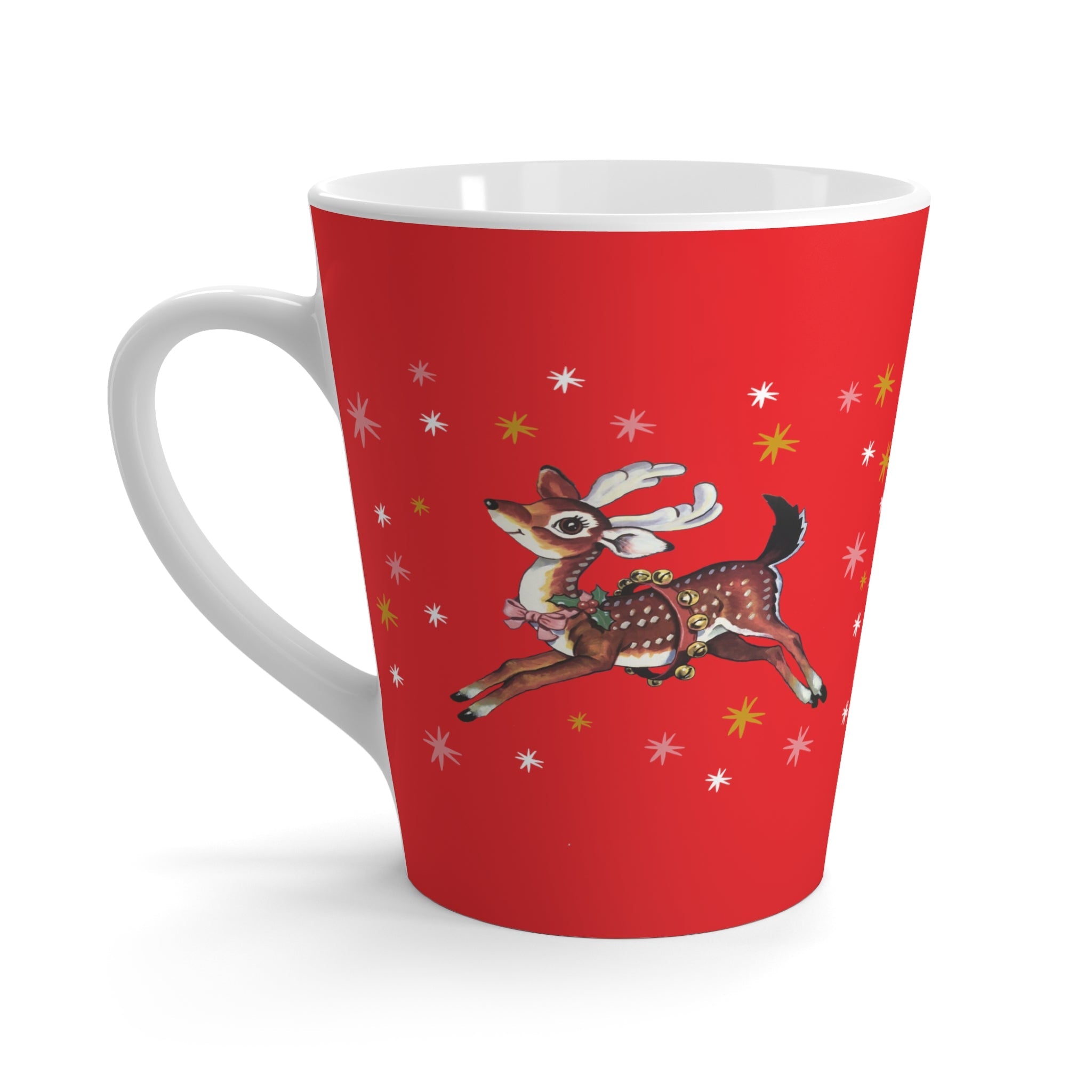 Reindeer Stars Retro Christmas Print Red Latte Mug