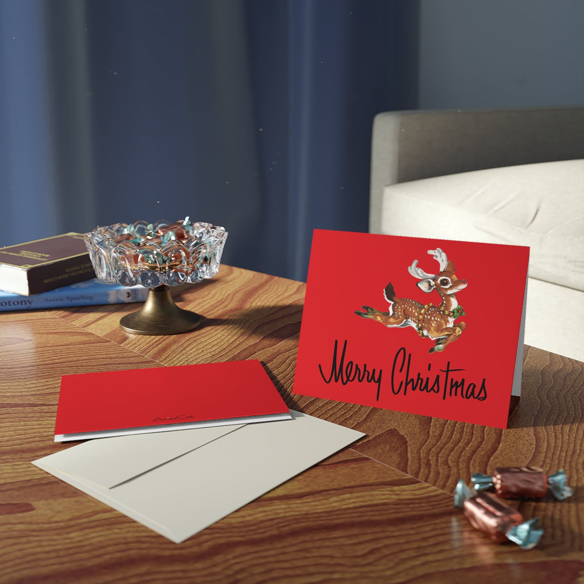 Merry Christmas Leaping Reindeer Mid Century Retro Christmas Print Matte Greeting Cards (8, 16, and 24 pcs)