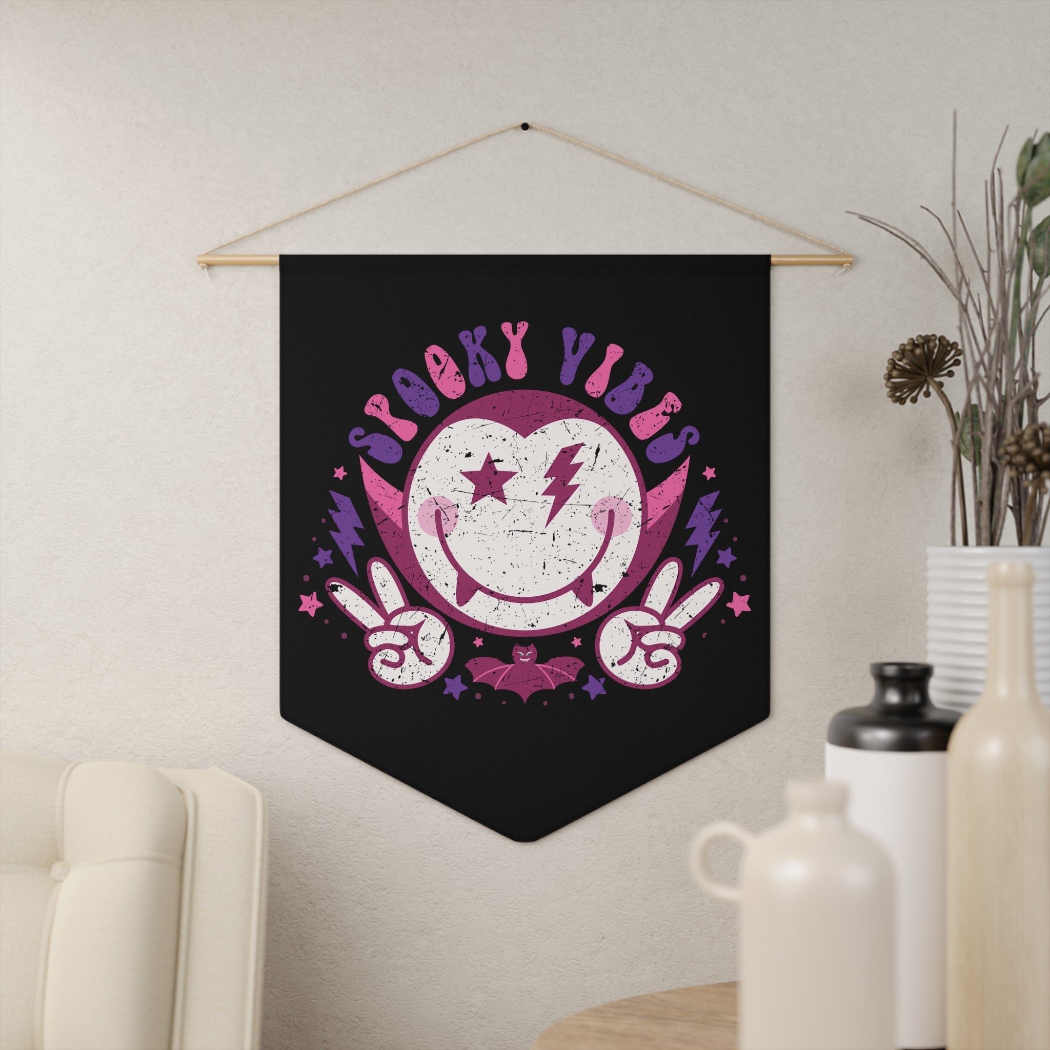 Spooky Vibes Cute Dracula Vampire Halloween Black Decor Print Wall Hanging Banner Flag