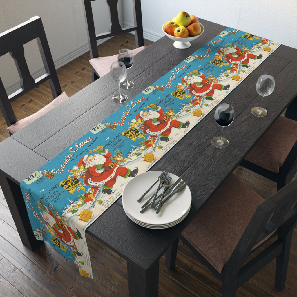 Santa Claus Is Coming To Town Record Cover Retro Mid Century Christmas Print Home Decor Cotton Poly Table Runner
