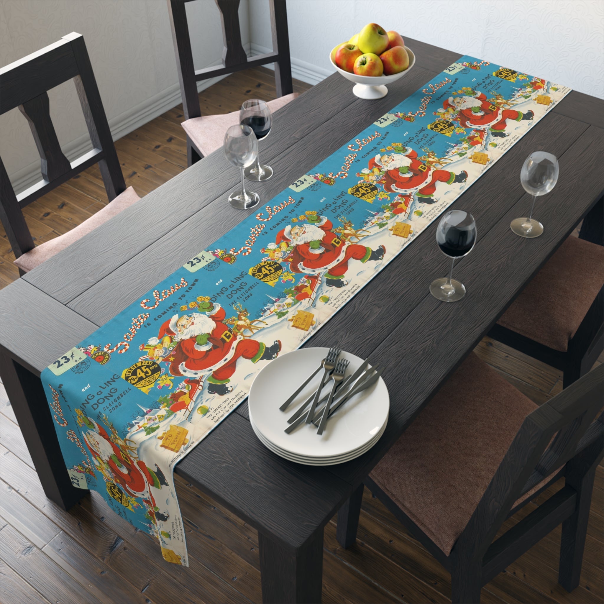 Santa Claus Is Coming To Town Record Cover Retro Mid Century Christmas Print Home Decor Cotton Poly Table Runner