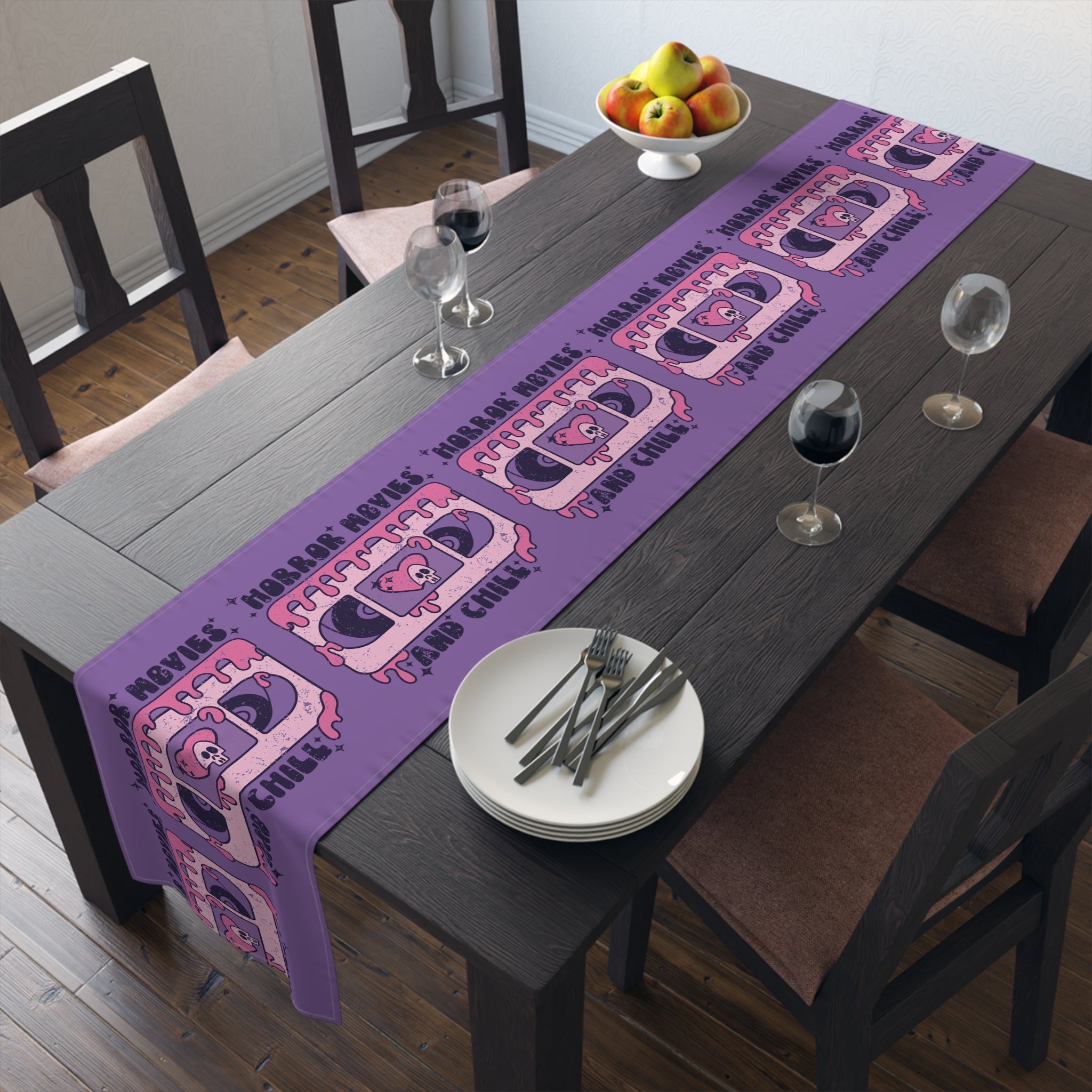 Horror Movies And Chill Distressed Halloween Purple Decor Cotton Poly Table Runner