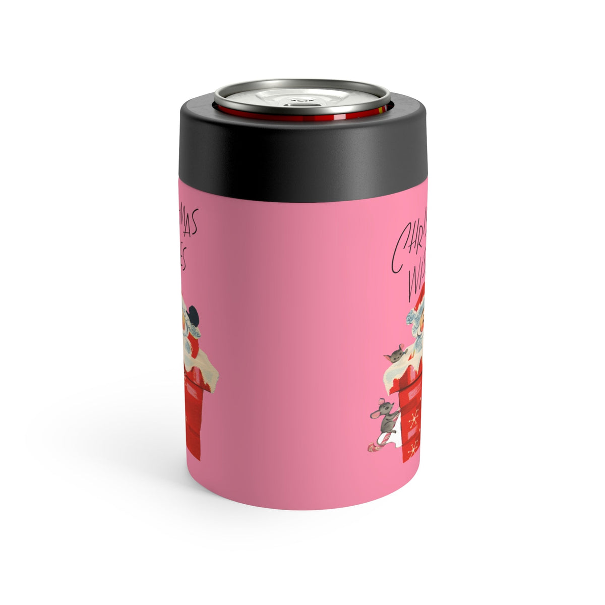 Christmas Wishes Santa In Chimney With Mice Pink Mid Century Retro Christmas Print Stainless Steel Can Holder