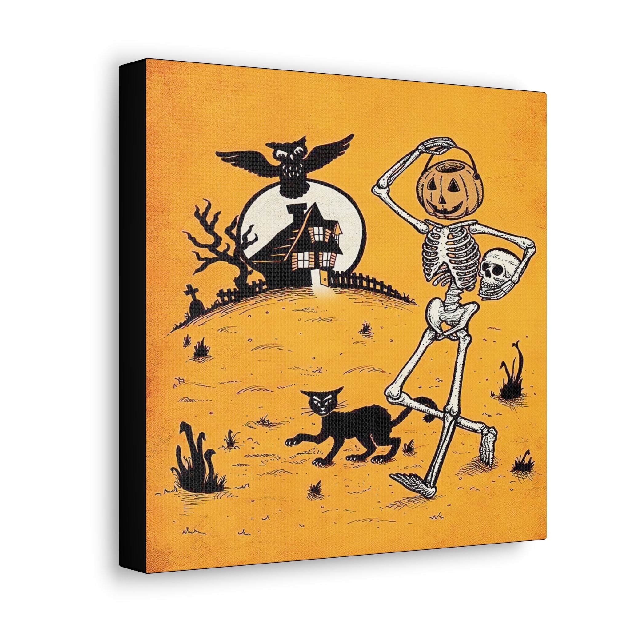 Skeleton Jack O Lantern Black Cat Owls Retro Halloween Vintage Art Canvas Gallery Wrap