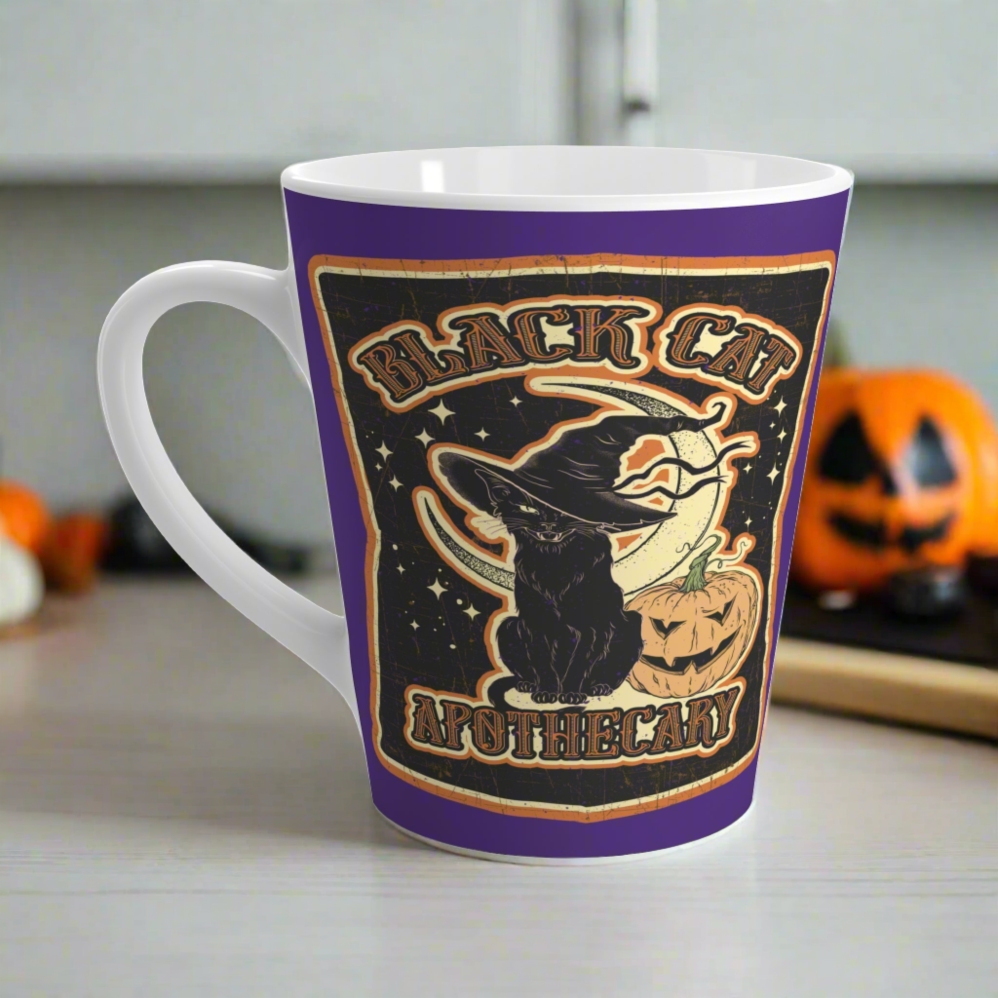Black Cat Apothecary Distressed Style Halloween Print Latte Mug