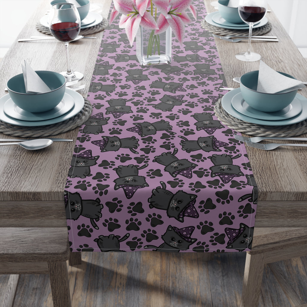 Witchy Kitties Cute Halloween Print Fall Autumn Decor Purple Cotton Poly Table Runner