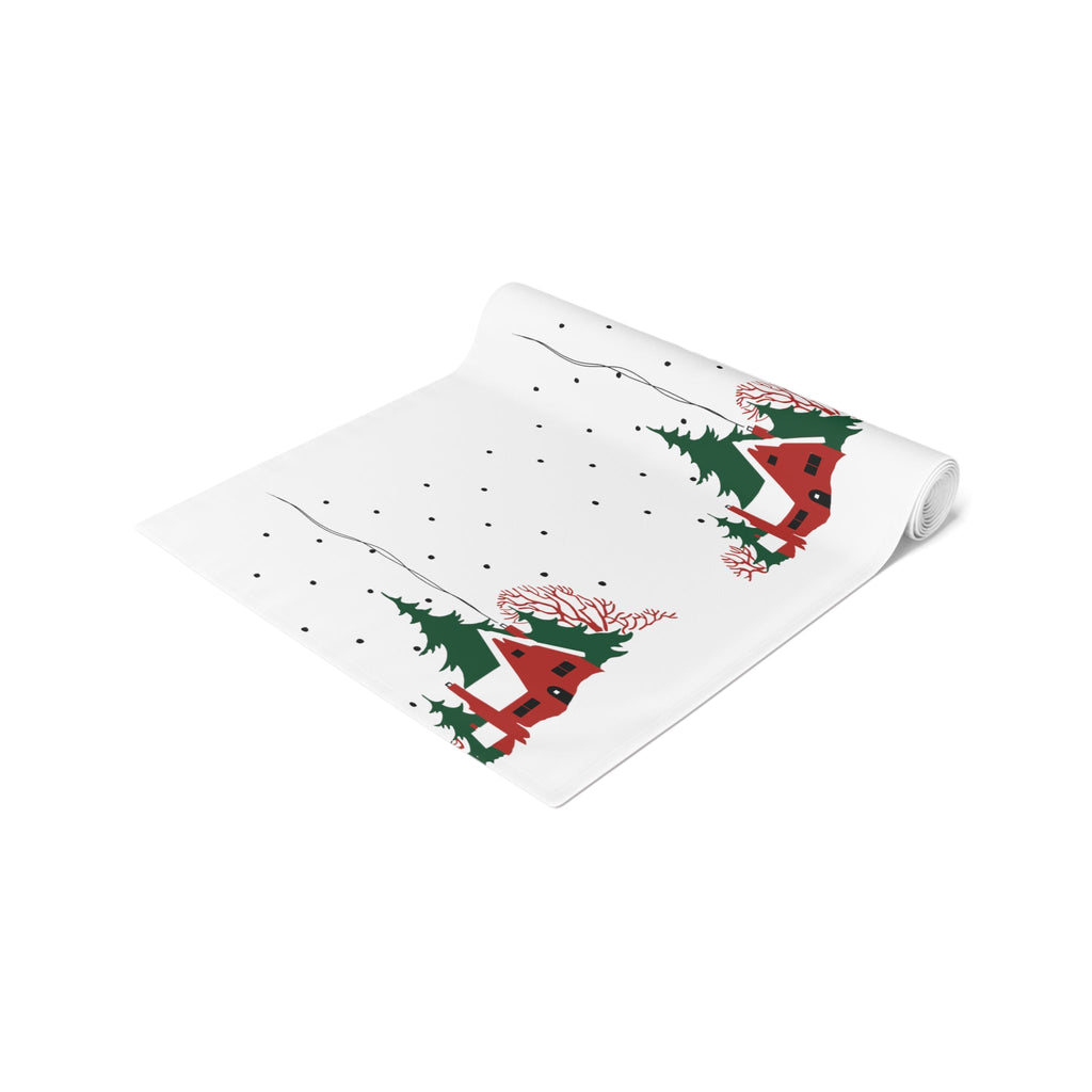 Cozy Christmas Home In Snow Mid Century Retro Christmas Print Home Decor Cotton Poly Table Runner