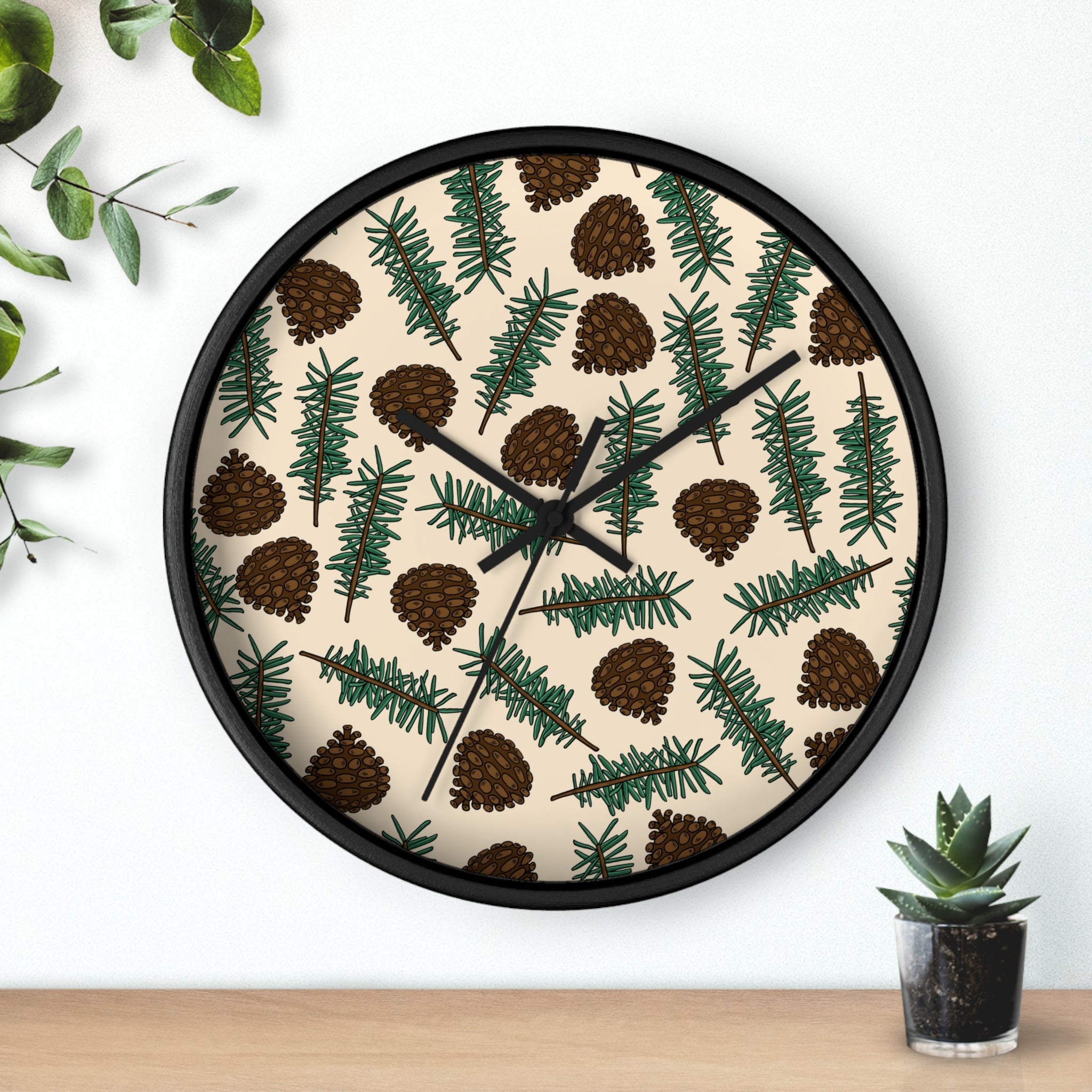 Pinecones With Sprigs Of Pine Christmas Winter Print Black Wall Clock