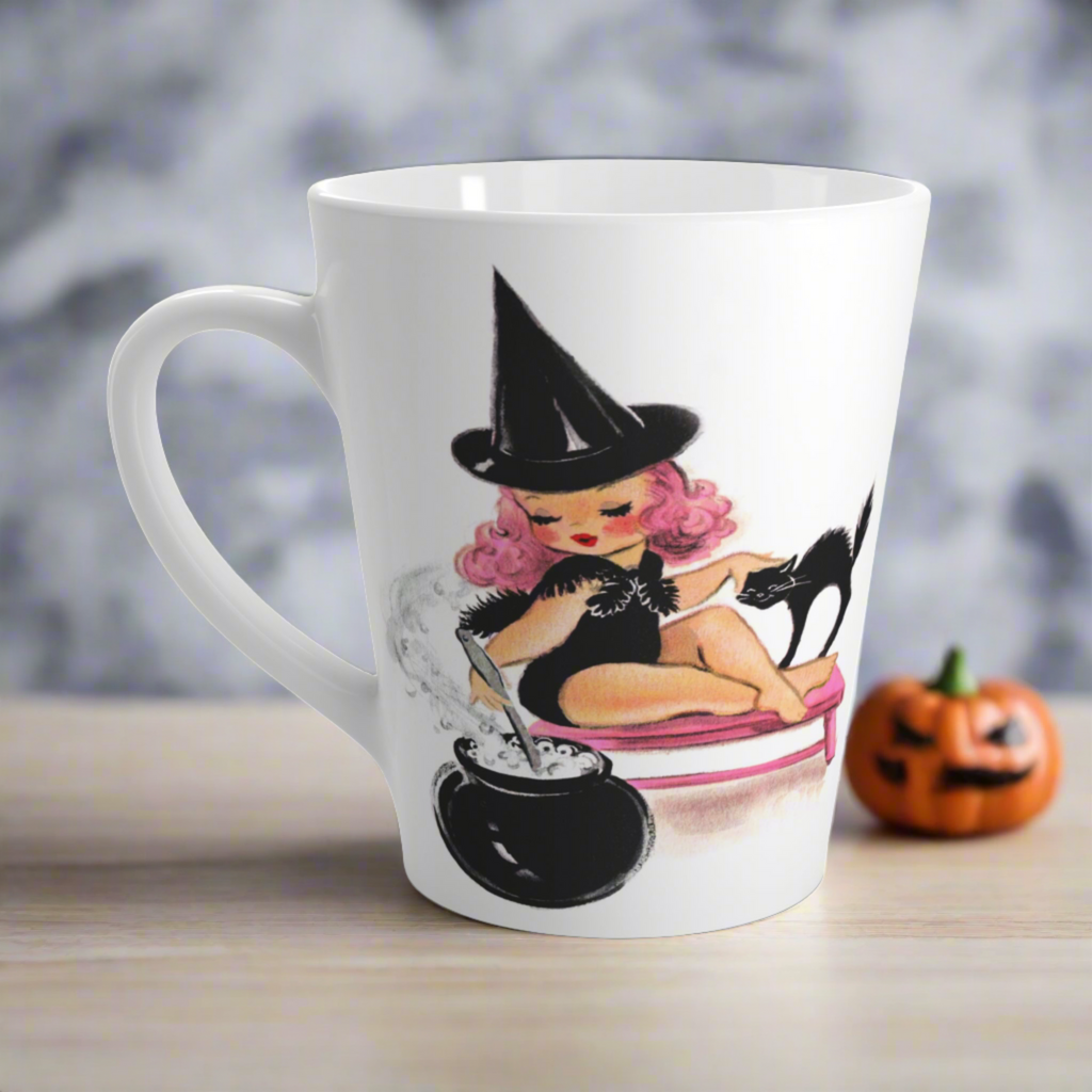 Pink Witch Black Cat Cauldron  Halloween Retro Print Latte Mug