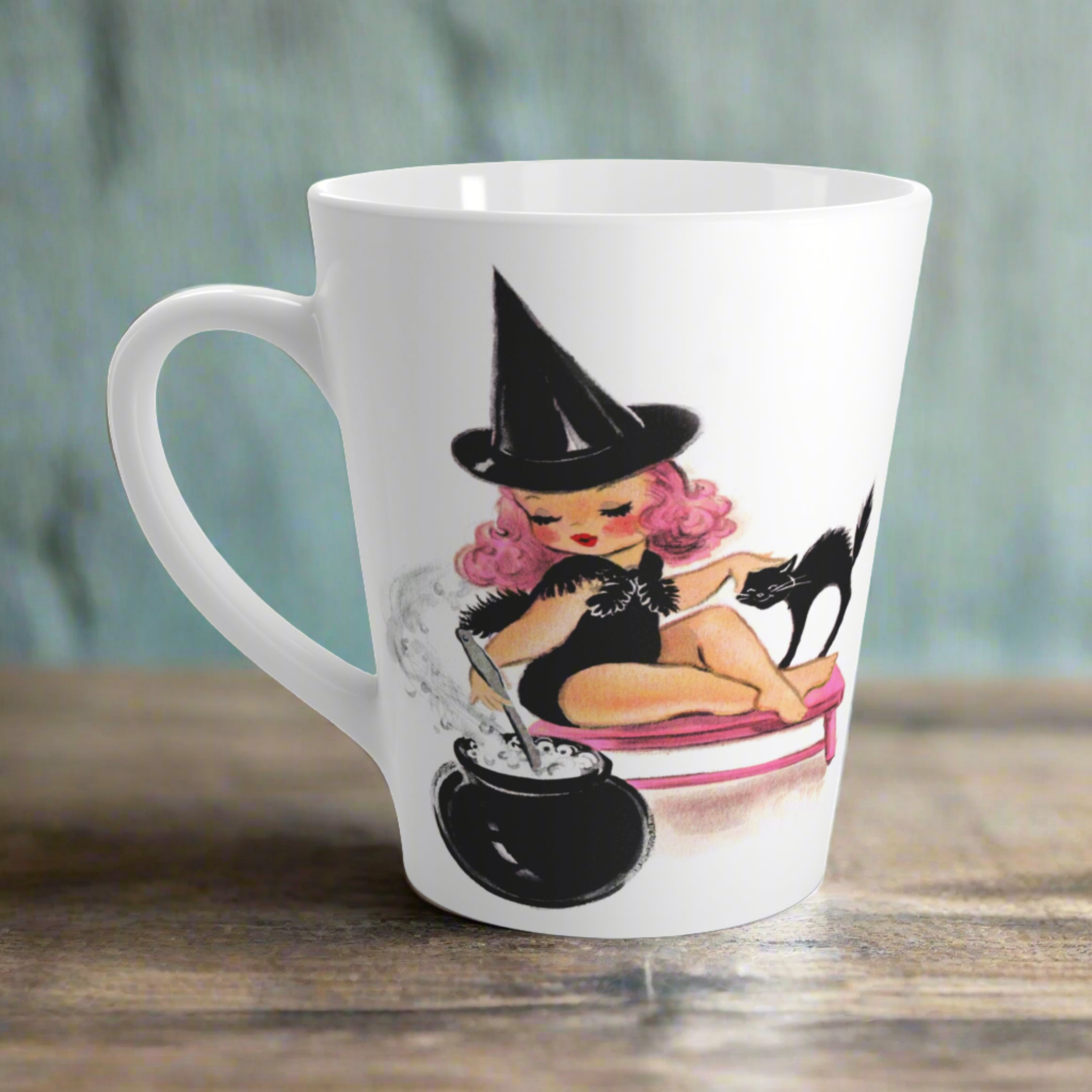 Pink Witch Black Cat Cauldron  Halloween Retro Print Latte Mug