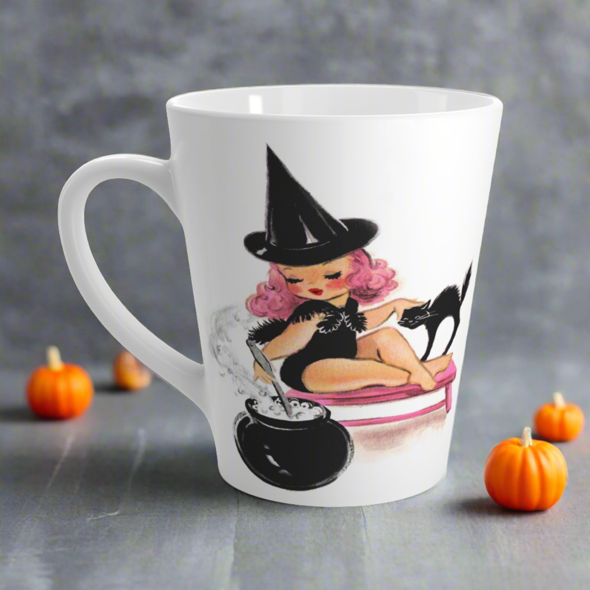 Pink Witch Black Cat Cauldron  Halloween Retro Print Latte Mug