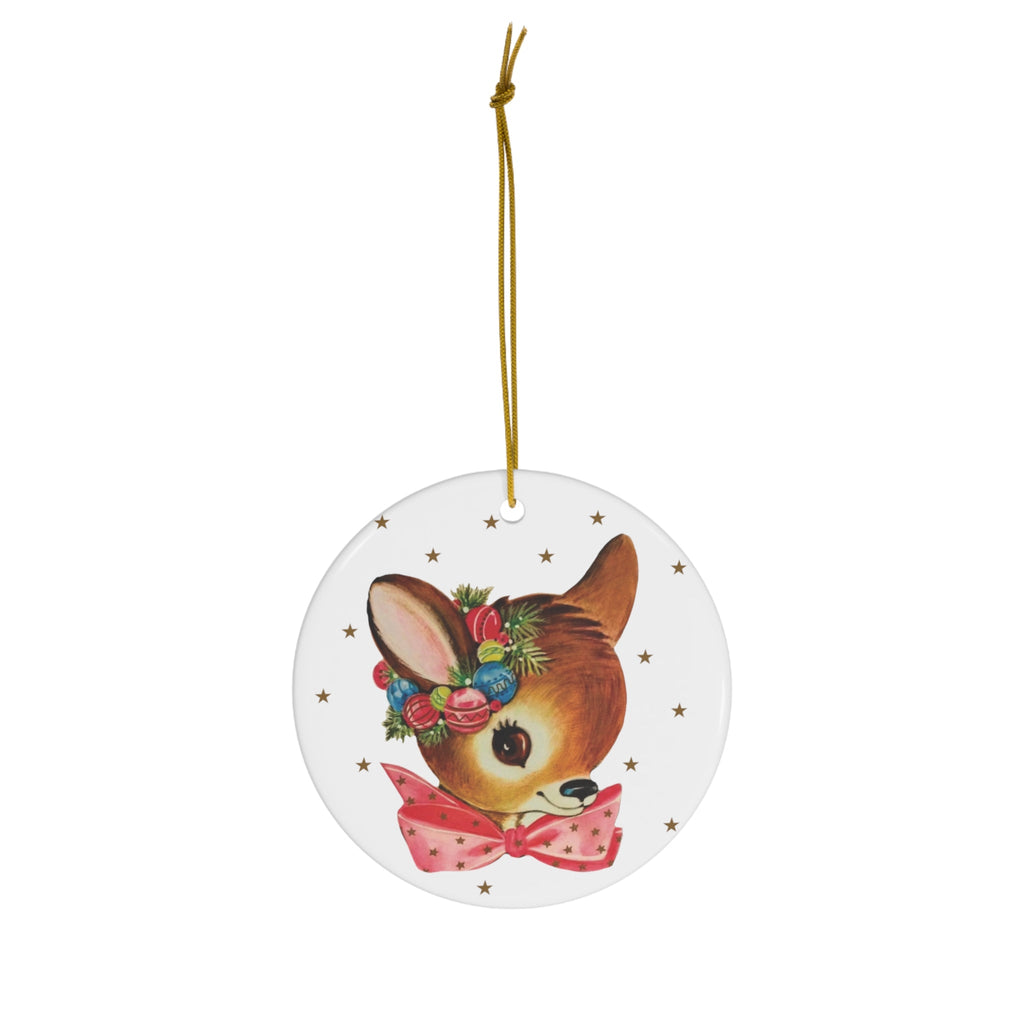Reindeer Gold Stars Mid Century Retro Christmas Print Ceramic Ornament