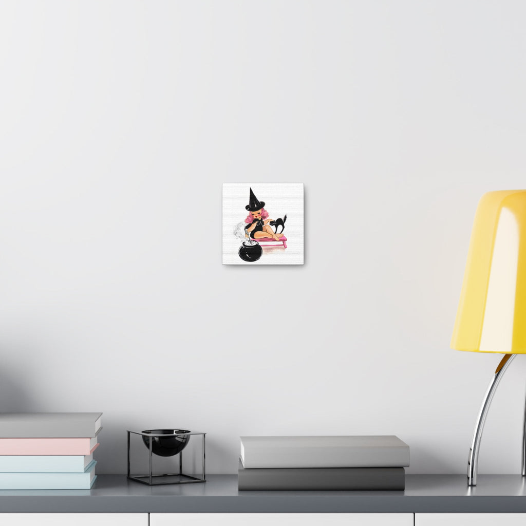 Pink Witch Black Cat Retro Halloween Decor Print Canvas Gallery Wrap