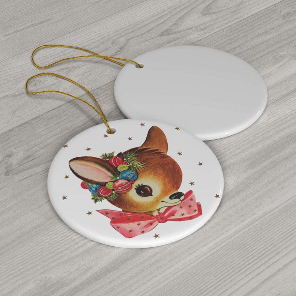 Reindeer Gold Stars Mid Century Retro Christmas Print Ceramic Ornament