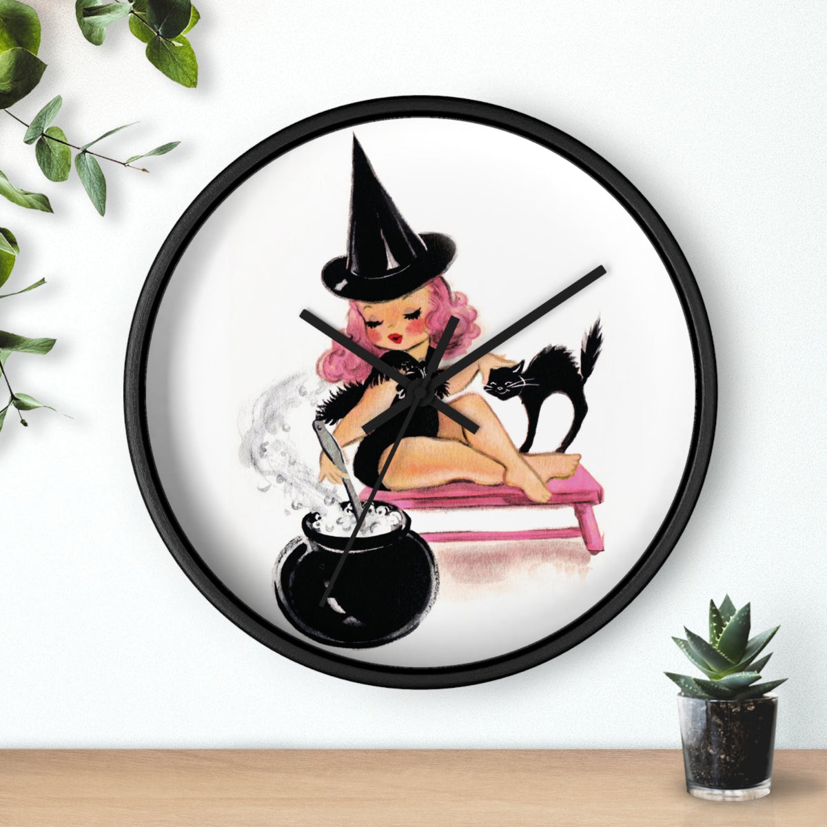 Pink Witch Black Cat Retro Halloween Fall Print Decor Wooden Wall Clock