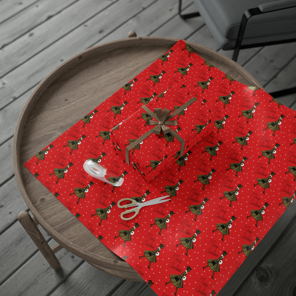 Merry Christmas Lady In Snow Red Mid Century Retro Christmas Print Holiday Gift Wrap Paper - Glossy Or Matte