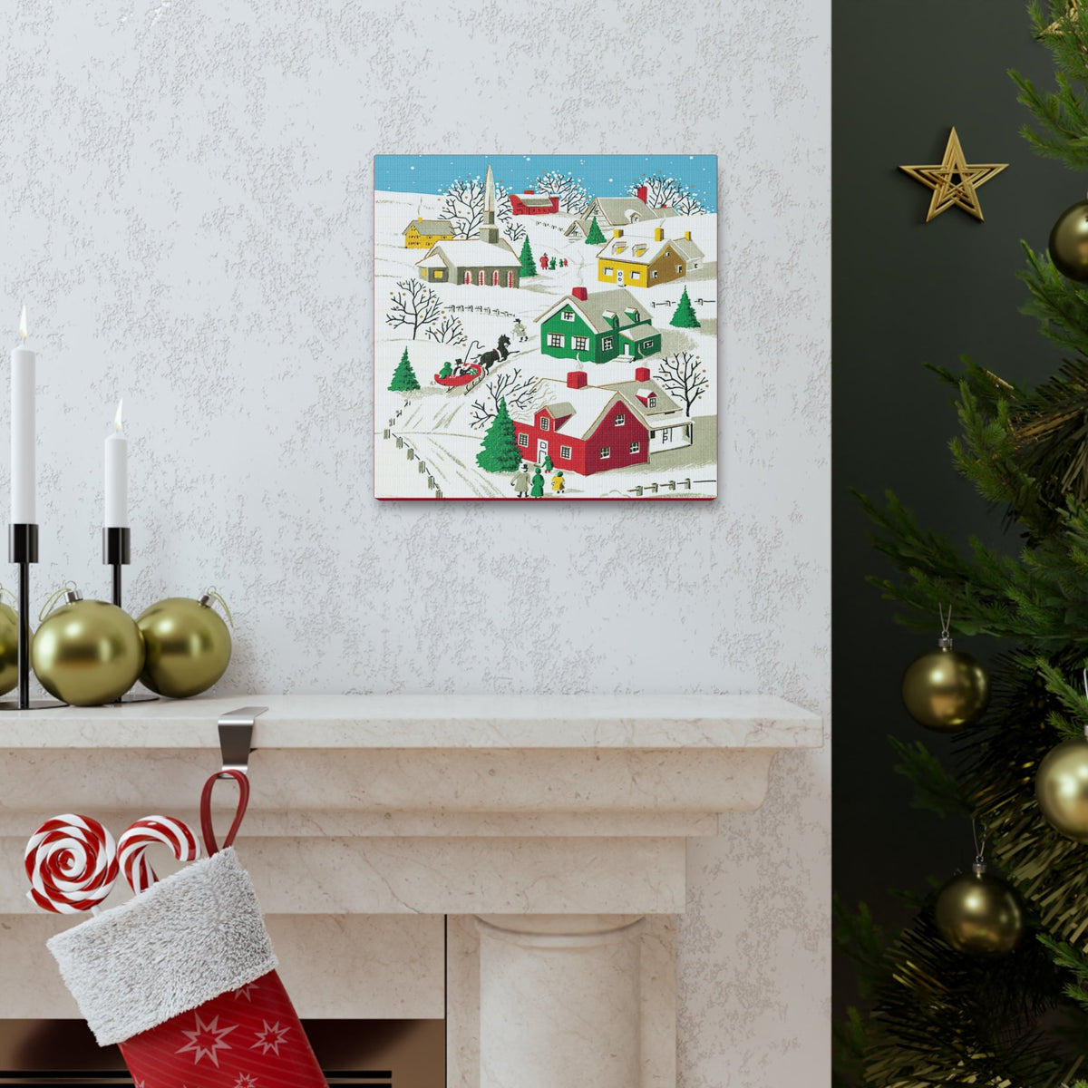 Christmas Village Town Retro Christmas Print Canvas Gallery Wrap