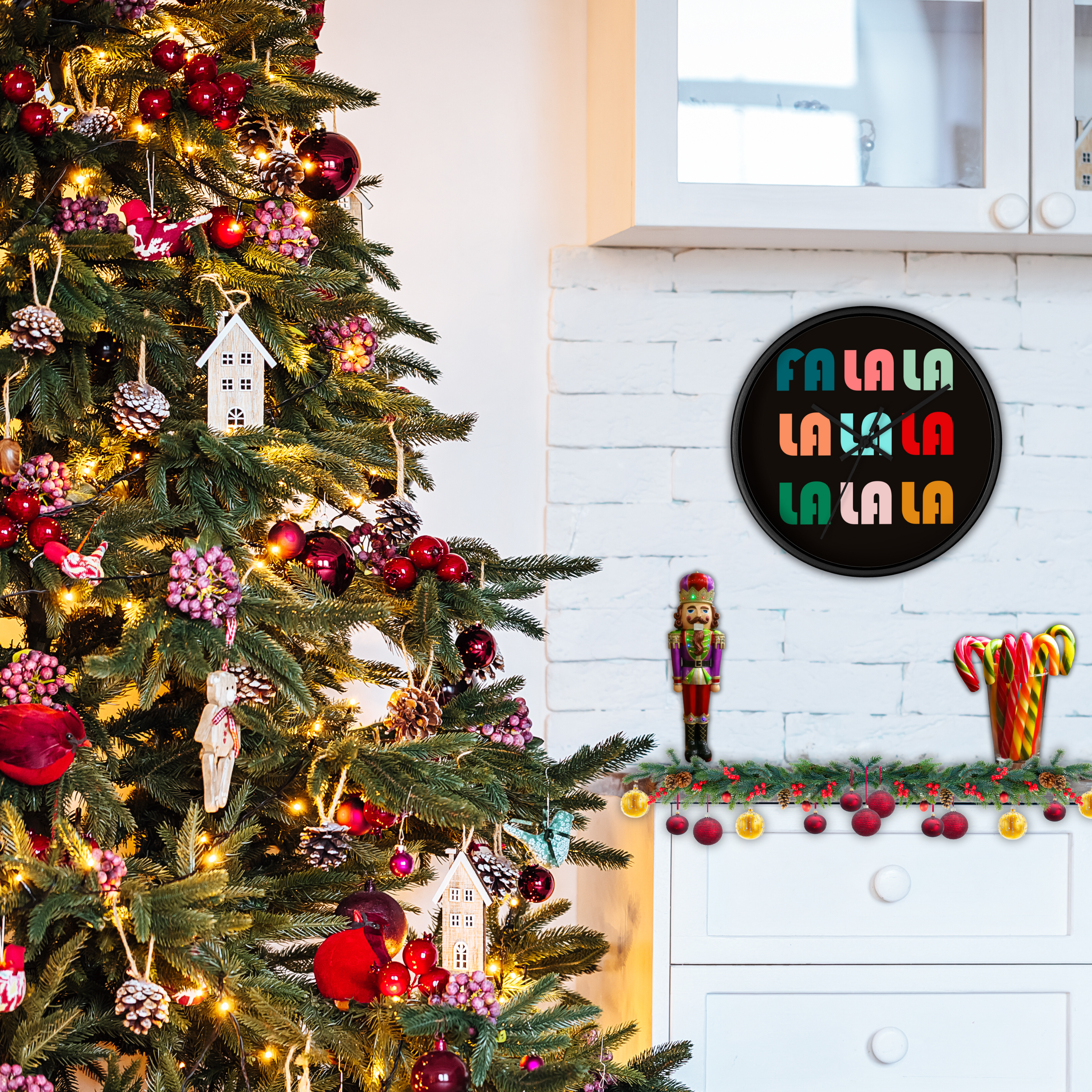Fa La La La Christmas Retro Style Black Wooden Wall Clock
