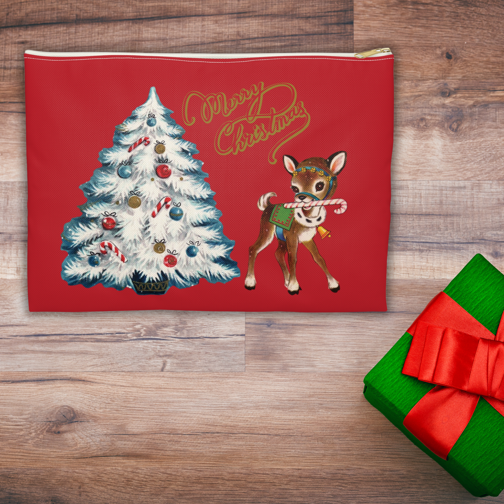 Merry Christmas Reindeer Tree Red Retro Christmas Print Polyester Accessory Pouch Travel Bag