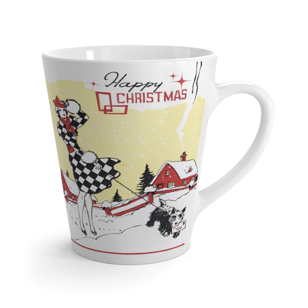 Happy Christmas Lady With Black Scottie Deco Mid Century Retro Christmas Print Latte Coffee Mug