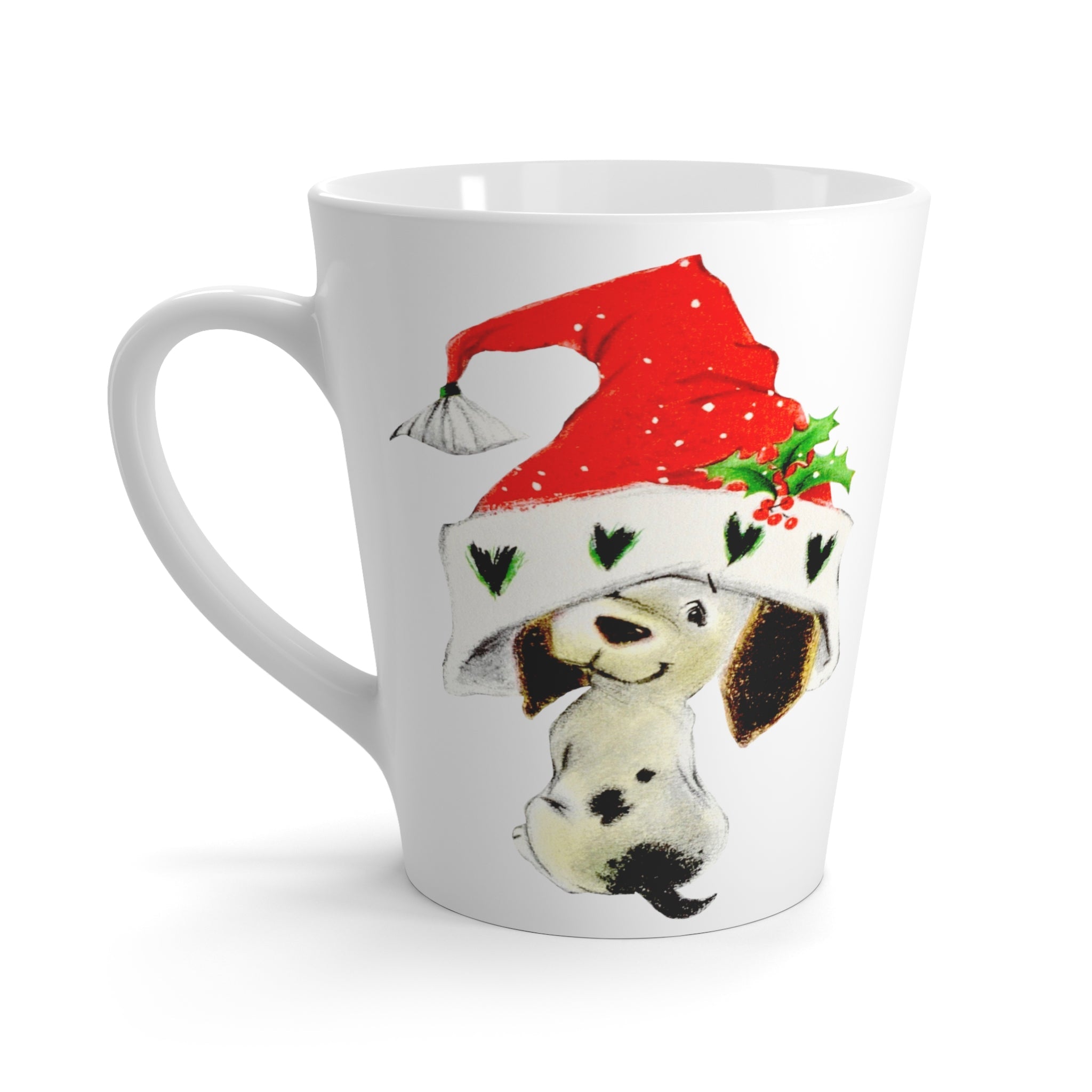 Christmas Dalmation Puppy In Santa Hat Mid Century Retro Christmas Print Latte Coffee Mug