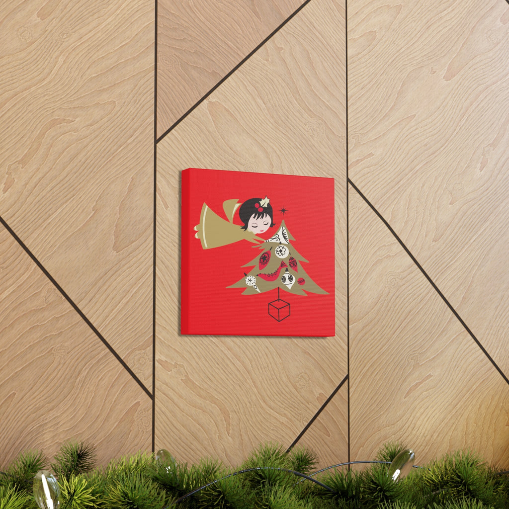 Gold Angel And Christmas Tree Retro Christmas Canvas Gallery Wrap