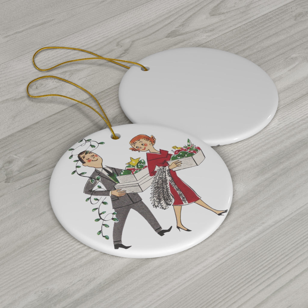 Christmas Couple With Decorations Mid Century Retro Christmas Print Ceramic Ornament
